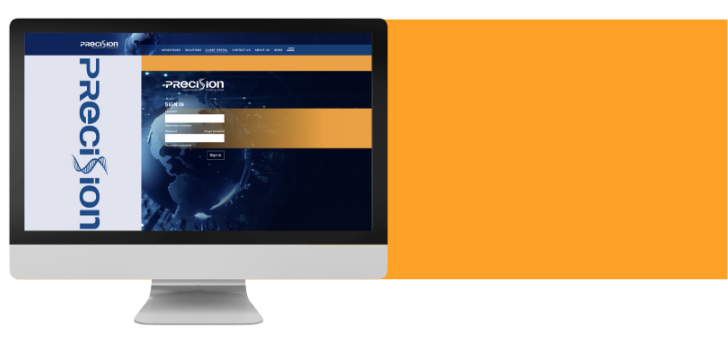 Desktop computer displaying a client login page on the Precision website